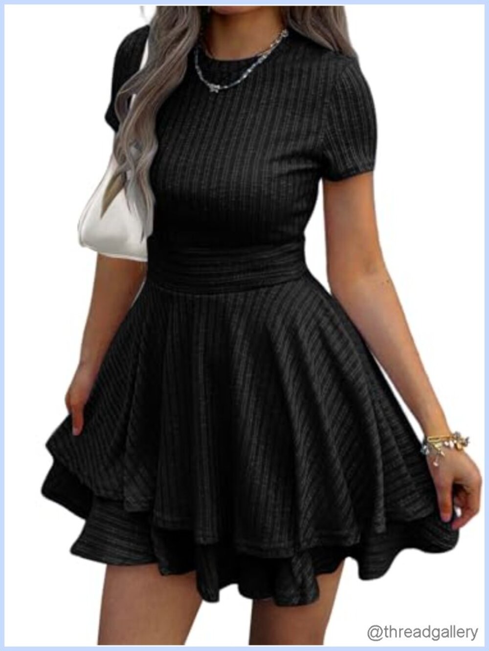 Womens Crochet Knit Tiered Mini Dress Short Sleeve Sundress
